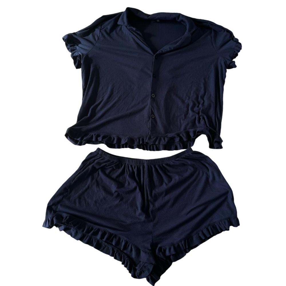 Lulu's Navy Ribbed Pajama Set Ruffel Trim Button Front Soft Lounge Set XL - Picture 2 of 3